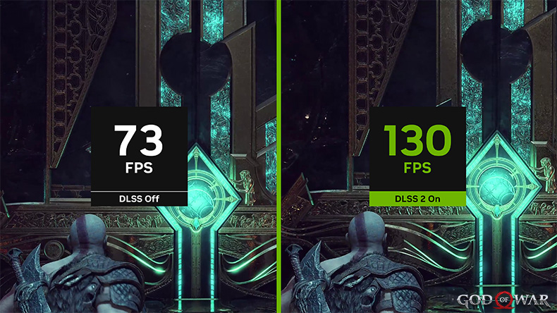 God of War: Ragnarök performance comparison showing DLSS Super Resolution boost from 73 FPS with DLSS Off to 130 FPS with DLSS enabled