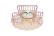 Puppen & Zubehör - Micki Lundby Esszimmer mit pinker Bank, 2 Stühlen, Tisch, Teppich, Blume, Tischdecke, Kissen - 18375