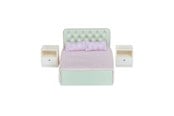 Puppen & Zubehör - Micki Lundby grünes Bett mit Kopfteil, pinker Decke, 2 Kissen, 2 Nachttischen mit Schubladen - 18380