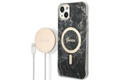 Handys - Cover & Cases - GUESS GUBPP14SHMEACSK Case+ Charger iPhone 14 6.1" black/black hard case Marble MagSafe - 3666339103118