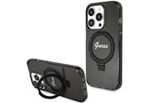 Handys - Cover & Cases - GUESS Ring Stand Script Glitter MagSafe case for iPhone 15 Pro - black - 3666339156343