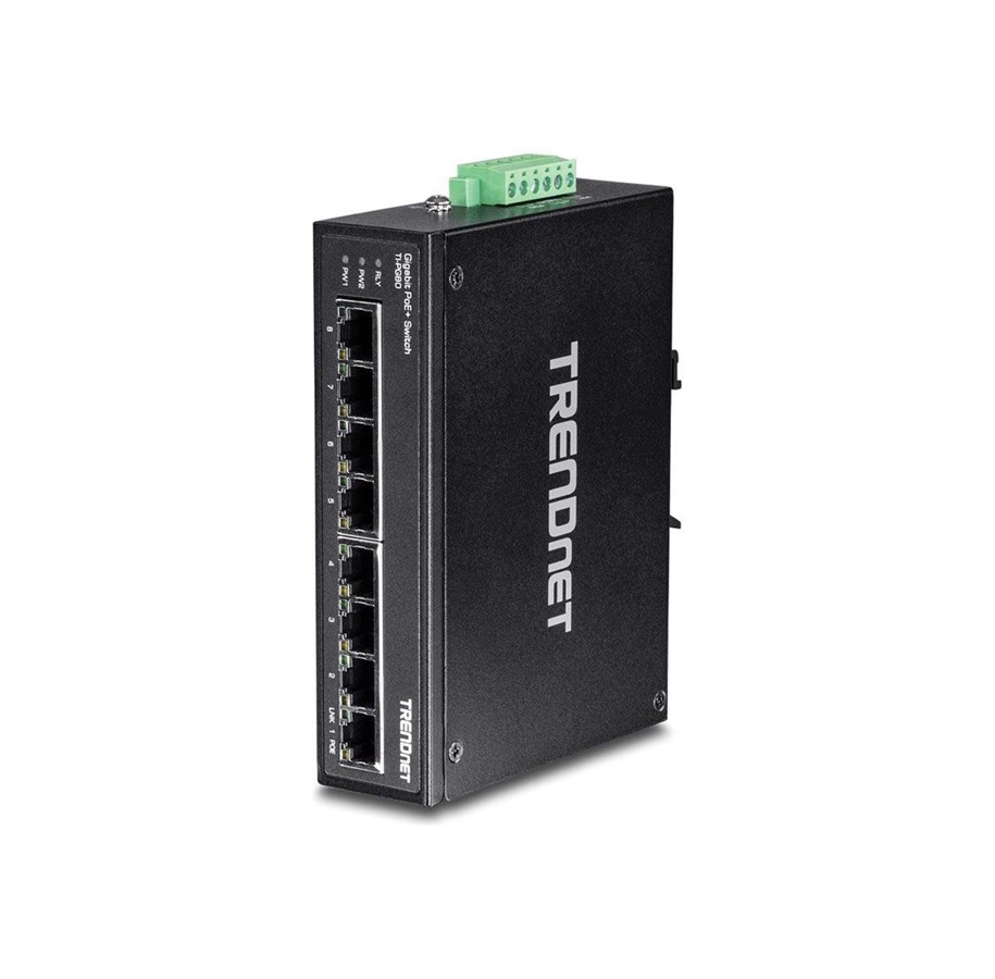 Switches - TRENDnet TI-PG80 8-Port Hardened Industrial Gigabit PoE+ DIN-Rail Switch - TI-PG80