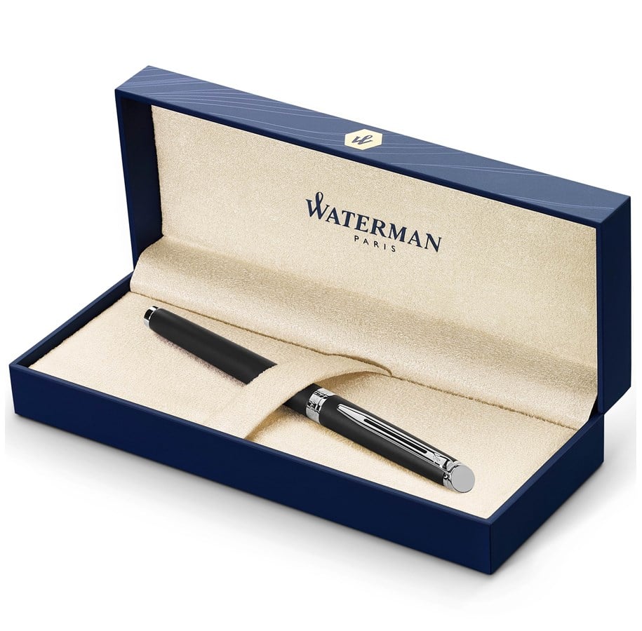 Utensilien zum Schreiben und Zeichnen - Waterman Hémisphère Füller | Mattschwarz mit Chromzierteile | Füllfederhalter mit feiner Feder | blaue Tinte | Geschenkbox - S0920810