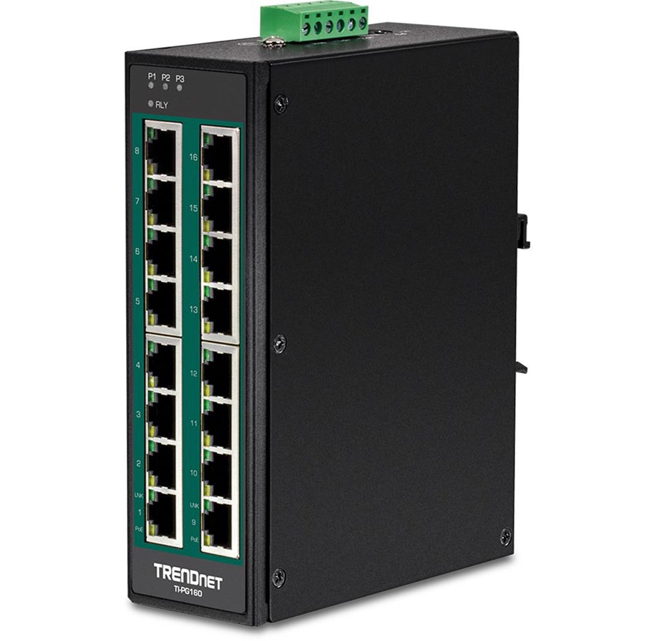 Switches - TRENDnet TI-PG160 16-Port Industrial Gigabit PoE+ DIN-Rail Switch - TI-PG160