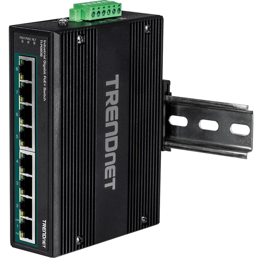 Switches - TRENDnet TI-PG80B 8-Port Industrial Gigabit PoE+ DIN-Rail Switch (24 – 56V) - TI-PG80B
