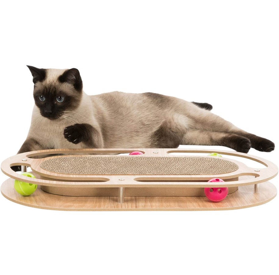 Katzen - Trixie Katzenkratzbrett mit Holzrahmen – Inklusive Katzenminze und Spielbällen - TX48020