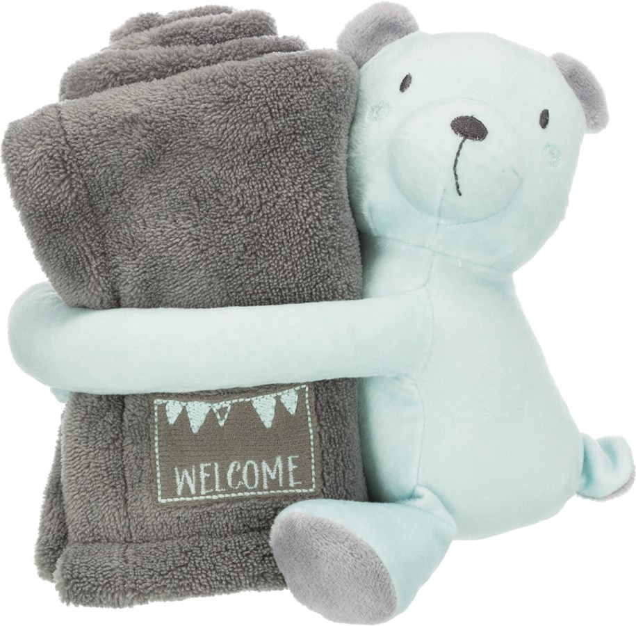 Hunde - Trixie Junior cuddly set blanket/bear plush 75 × 50 cm grey/mint - TX37110