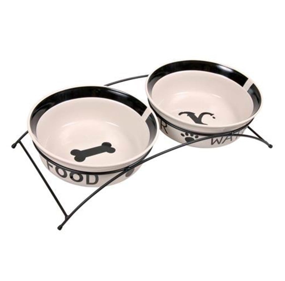 Hunde - Trixie Food/Water bowl set ceramic/metal 2 × 2.6 l/ø 25 cm/54 × 12 × 24 cm white/black - TX24643