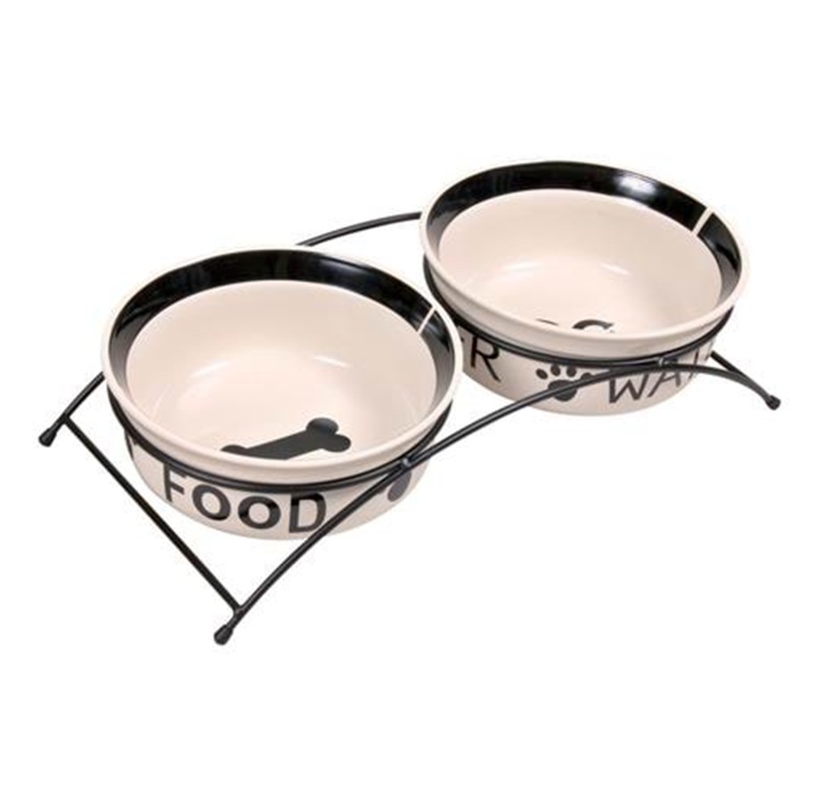 Hunde - Trixie Food/Water bowl set ceramic/metal 2 × 1.6 l/ø 20 cm/41 × 10 × 20 cm white/black - TX24642