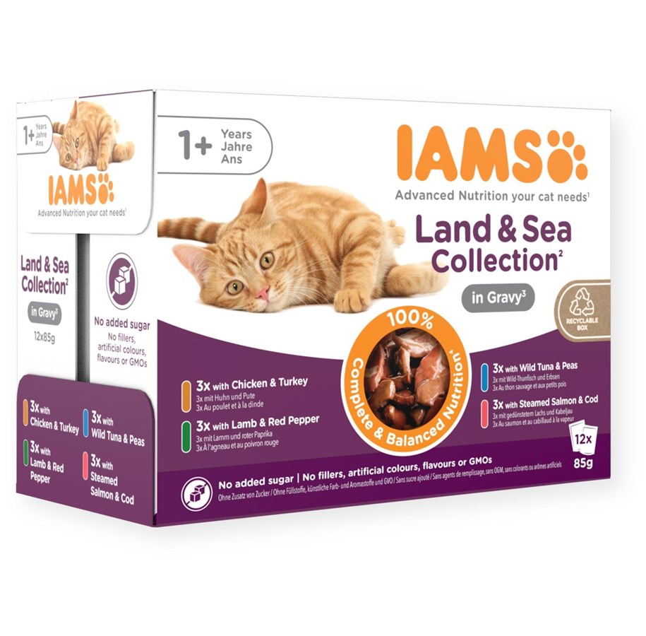 Katzen - Iams Wet Food Adult Land & Sea Collection in Gravy 1kg (12x 85g) - I570102