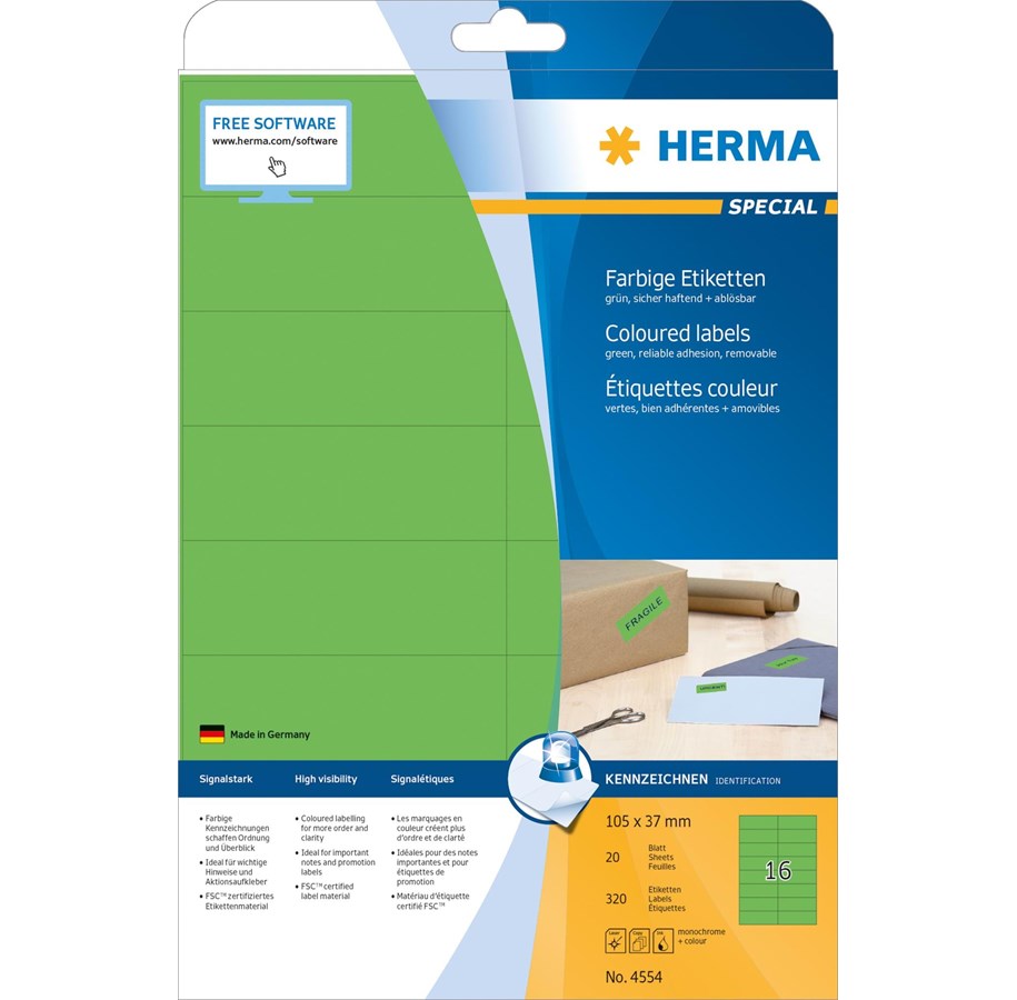 Papier, Fotopapier und Etiketten - HERMA Coloured labels A4 105 x 37 mm green removable - 4554