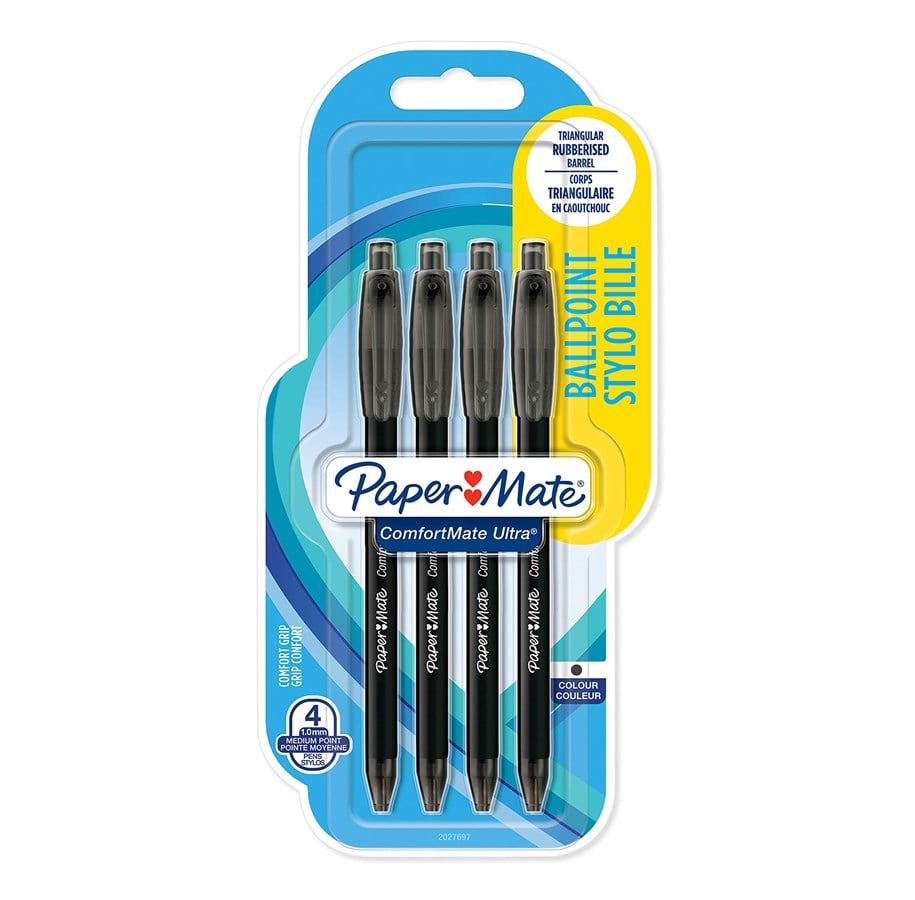 Utensilien zum Schreiben und Zeichnen - Paper Mate ComfortMate Ultra Druckkugelschreiber | mittlere Schreibspitze (1,0 mm) | schwarz | 4 Stück - 2027697