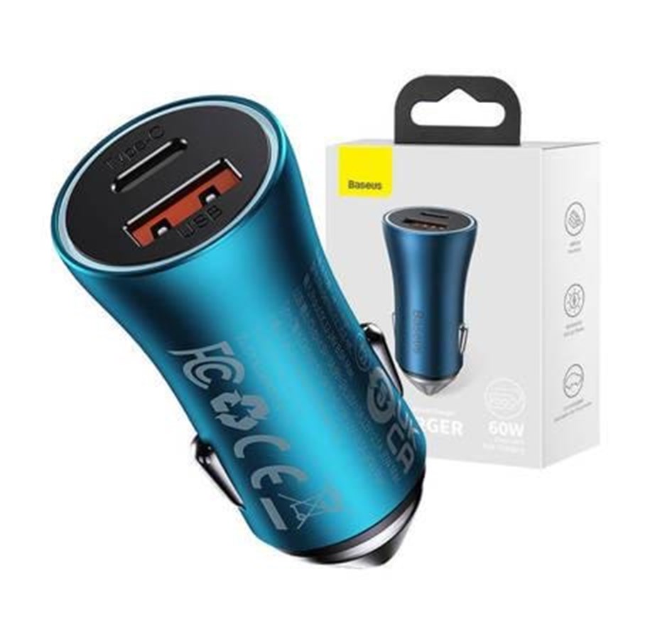 Handys - Adapter und Ladegeräte - Baseus Golden Contactor Max car charger USB + USB-C 60W (blue) - CGJM000103
