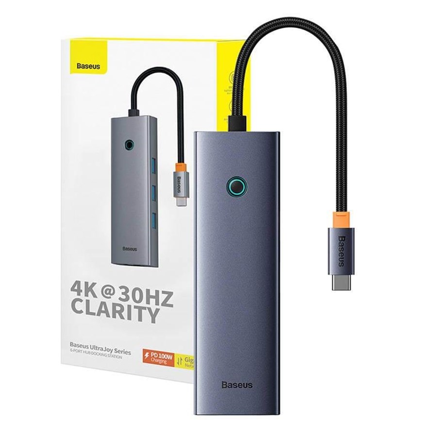 USB-Hubs - Baseus 6in1 Hub UltraJoy USB-C do HDMI4K@30Hz1+3xUSB 3.0+PD+RJ45 (space grey) USB-Hubs - USB 3.0 - 6 - Grau - B00052802811-00