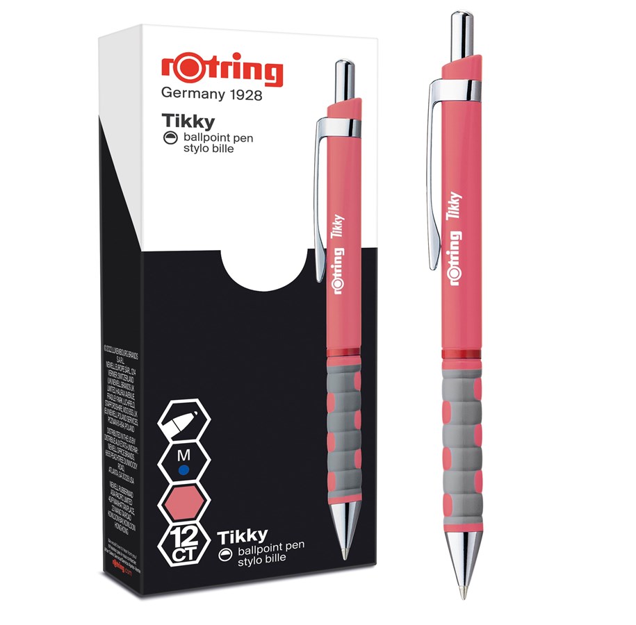 Utensilien zum Schreiben und Zeichnen - Rotring rOtring Tikky-Kugelschreiber in Pastellfarben | blaue Tinte | mittlere Spitze (1,0 mm) | Schaft in Tea Rose | federleicht mit gummiertem Soft-Touch-Griff | 12 Stück - 2189091