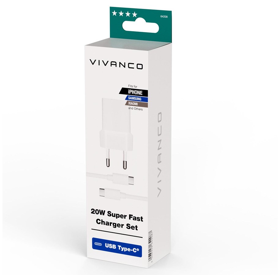 Handys - Adapter und Ladegeräte - Vivanco Fast USB-C PD 20W Charger + USB-C cable 1.2m White - 4008928642087
