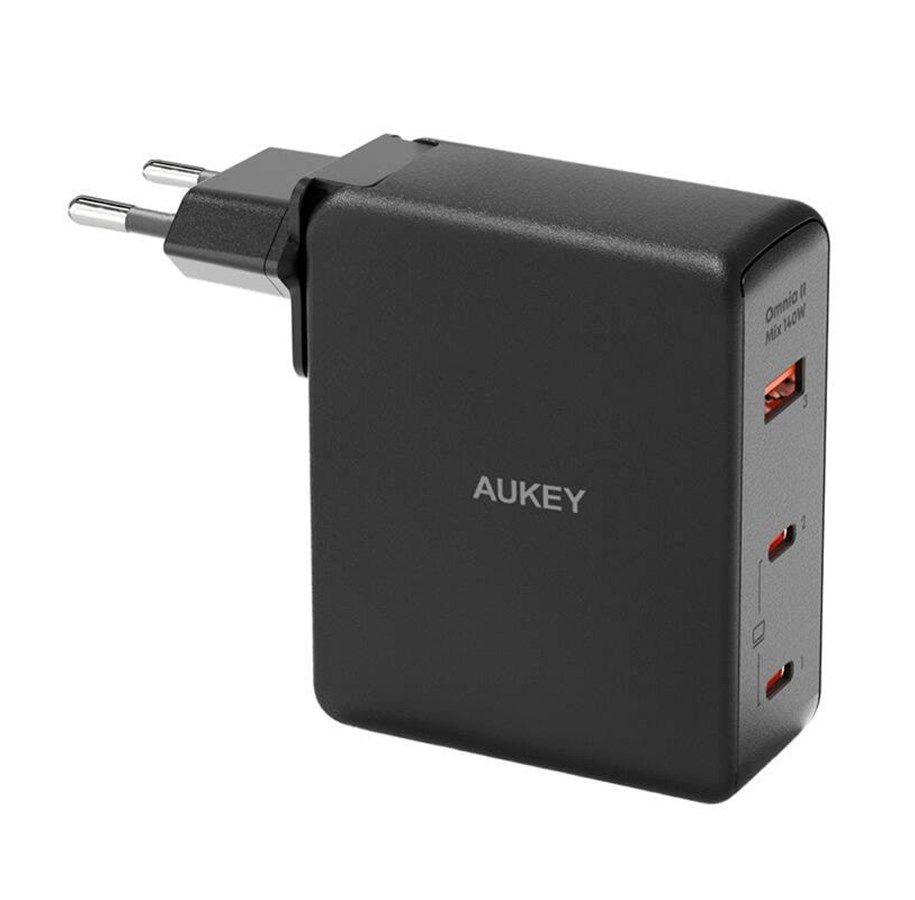 Handys - Adapter und Ladegeräte - Aukey PA-B7O 1xUSB-A 2xUSB-C 140W GaN power charger (black) - PA-B7O Black