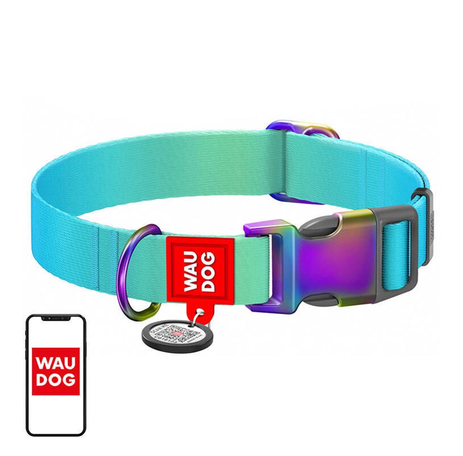 Hunde - Waudog Nylon Dog Collar with QR code Gradient Blue M 20mm 28-40cm - 46512