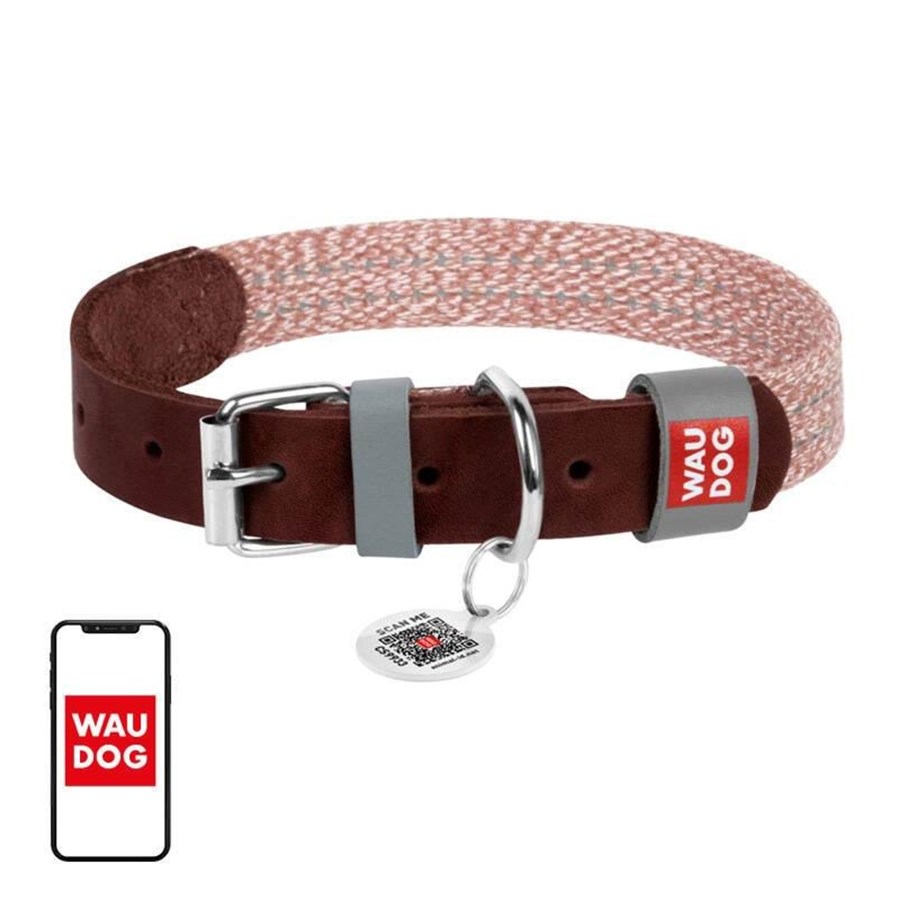 Hunde - Waudog Dog collar made of natural leather with QR code size L width 25 mm brown - 58936