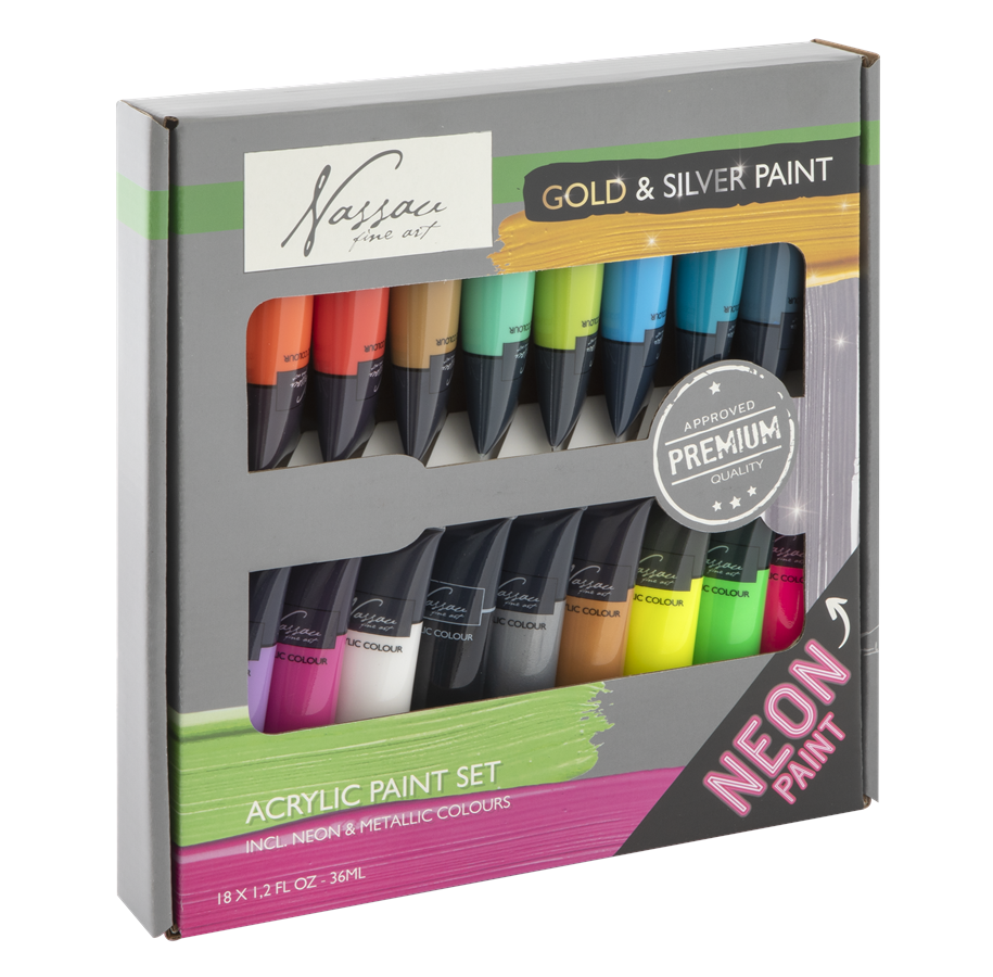 Kunst & Handwerk Ausstattung - Nassau Paint acrylic 18 x 36 ml incl. fluor & metallic - AR0701/22GE