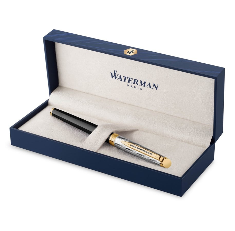 Utensilien zum Schreiben und Zeichnen - Waterman Hémisphère Fountain Pen | Metal & Black Lacquer with Gold trim & Chiselled cap | Gold Coated Stainless Steel Medium Nib | Blue Ink | Gift Box - 2200837