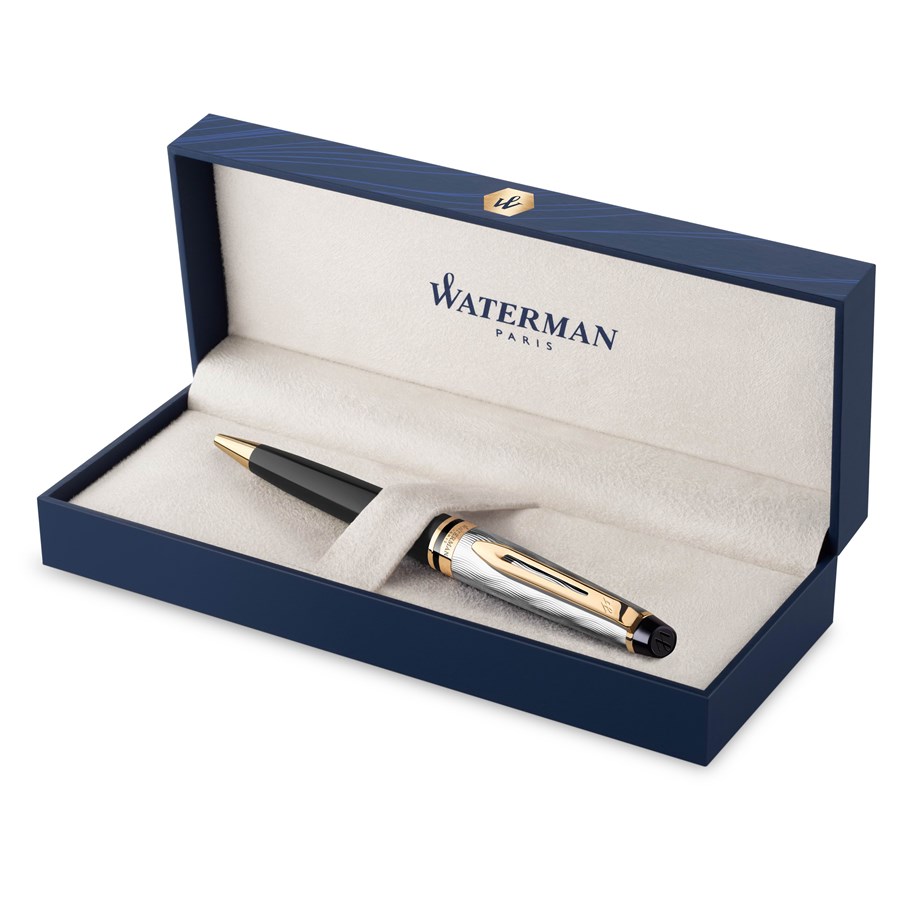 Utensilien zum Schreiben und Zeichnen - Waterman Expert Ballpoint pen | Metal & Black Lacquer with Gold trim & Chiselled cap | Medium tip | Blue Ink | Gift Box - 2200942