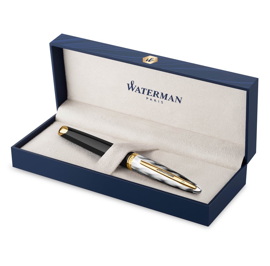 Utensilien zum Schreiben und Zeichnen - Waterman Carene Fountain Pen | Metal & Black Lacquer with Gold trim & Chiselled cap | 18K Gold Medium Nib | Blue Ink | Gift Box - 2200943