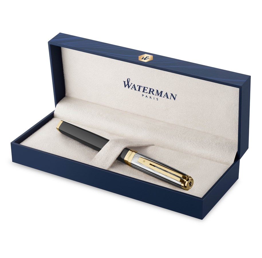 Utensilien zum Schreiben und Zeichnen - Waterman Exception Fountain Pen | Metal & Black Lacquer with Gold trim & Chiselled cap | 18K Gold Fine Nib | Blue Ink | Gift Box - 2200948
