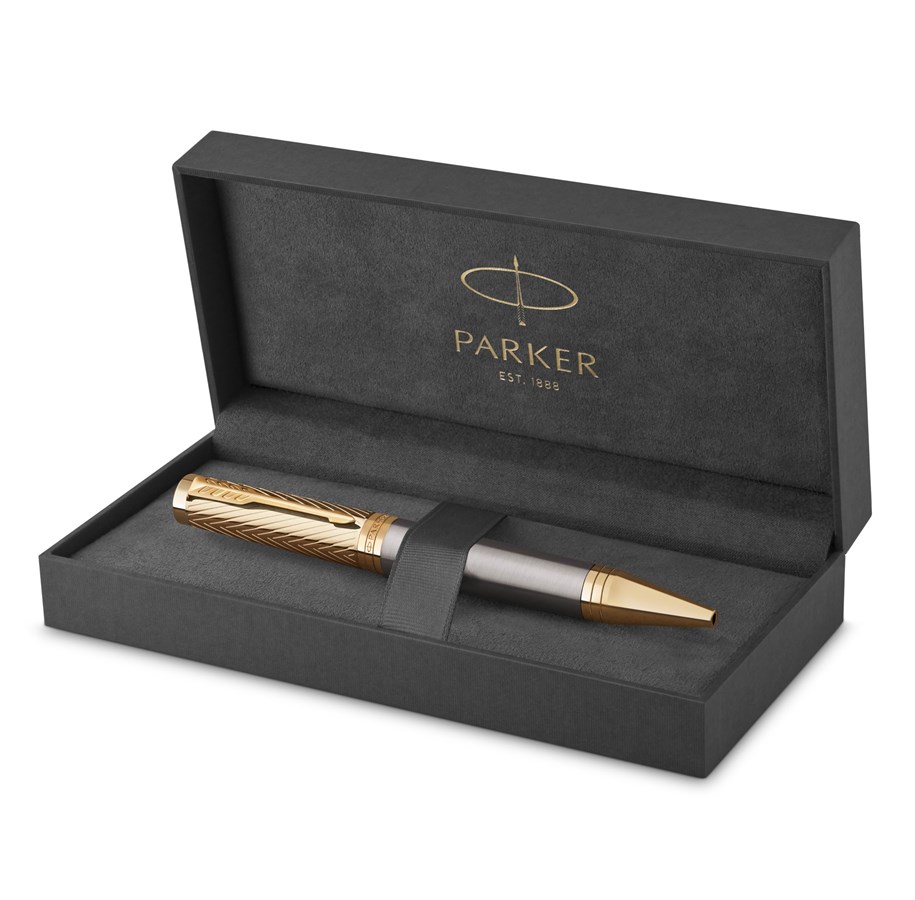 Utensilien zum Schreiben und Zeichnen - Parker Ingenuity  Pioneers Collection Ballpoint Pen | Grey Lacquer with Gold Cap & Trims | Medium Point | Black Ink  | Gift Box - 2200952