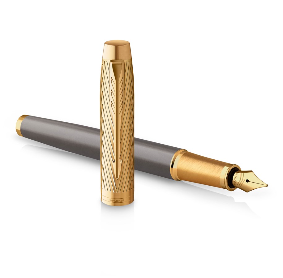 Utensilien zum Schreiben und Zeichnen - Parker IM  Pioneers Collection Fountain Pen | Grey Lacquer with Gold Cap & Trims | Medium Stainless Steel Nib | Blue Ink  | Gift Box - 2200957