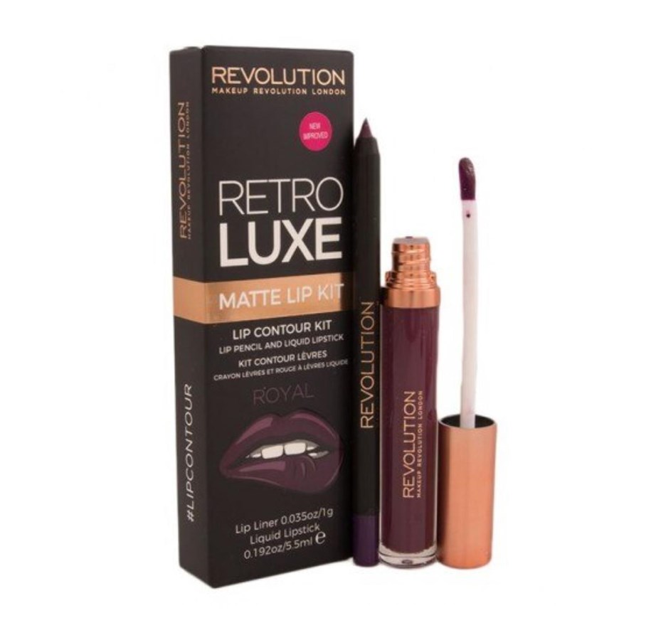 Make-Up - Makeup Revolution Set : Retro Luxe Matte Liquid Lipstick, Royal, 5.5 ml + Retro Luxe, Lip Liner, Royal, 1 g - 5029066103901