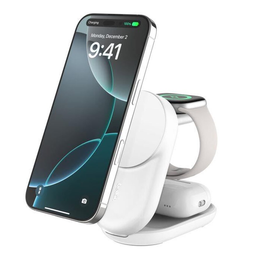 Handys - Adapter und Ladegeräte - Belkin UltraCharge 25w Qi2 3in1 Magnetic Charger EU White Round - WIZ037KQWH