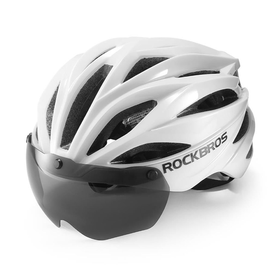 Fahrrad-Zubehör - Rockbros Bike Helmet with Visor Detachable UV Goggles Unisex Glossy - White - 8386824304060