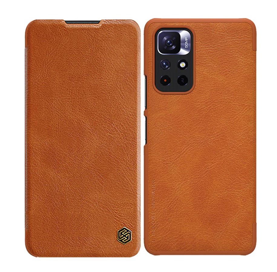 Handys - Cover & Cases - Nillkin  Qin Case Case for Xiaomi Redmi Note 11T 5G / Note 11S 5G / Note 11 5G (China) / Poco M4 Pro 5G Camera Cover Holster Cover Flip Case Brown - 6902048234956