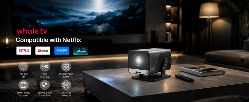 HP Whale TV Smart Projektor – kompatibel mit Netflix, YouTube, Prime Video und Disney+ – FHD 1080p mit 230° Rotation