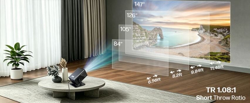 HP Smart Projektor mit Short Throw Ratio 1.08:1 – projiziert bis zu 147 Zoll Bild im Wohnzimmer aus kurzer Distanz