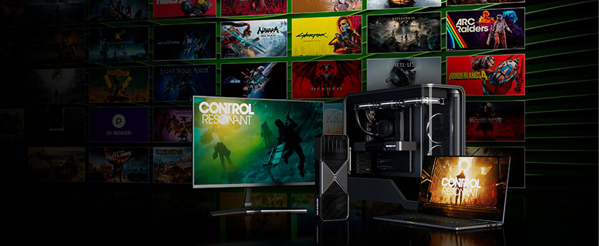GeForce RTX 50 Series GPU, desktop PC and laptop displaying CONTROL Resonant surrounded by a wall of DLSS 4.5 supported game titles
