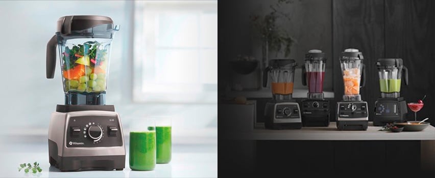 Vitamix Mixer gefüllt mit frischem Gemüse und grünem Saft neben vier Vitamix-Modellen mit bunten Smoothies