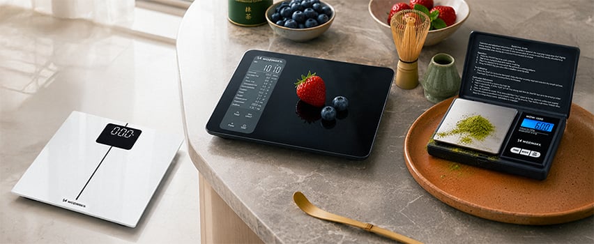 Wozinsky digitale Küchenwaagen und Personenwaage auf Marmortisch mit Erdbeeren, Blaubeeren und Matcha-Tee