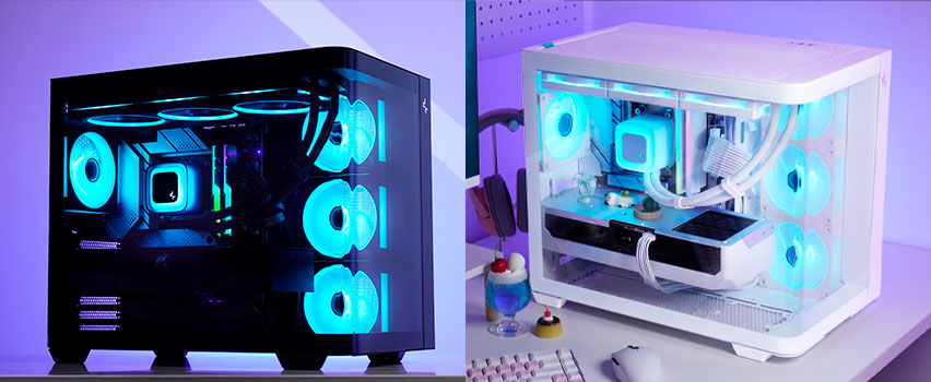 DeepCool CH160 PLUS tragbares M-ATX-Gehäuse in Weiß mit AIO-Wasserkühlung und rotes Gehäuse mit Luftkühlung