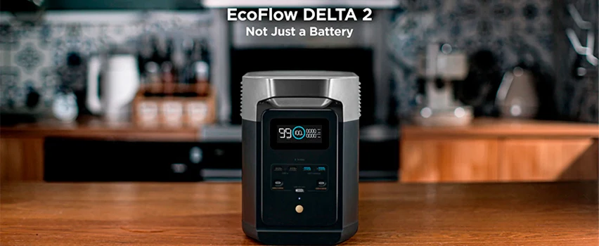 EcoFlow DELTA 2 Powerstation auf einer Küchentheke – Not Just a Battery, tragbarer Strom für den Hausgebrauch