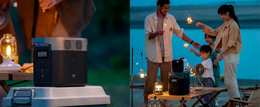 EcoFlow DELTA Powerstation beim Abendcamping mit Familie am Strand und stimmungsvoller Laterne – tragbarer Strom für Outdoor-Abenteuer