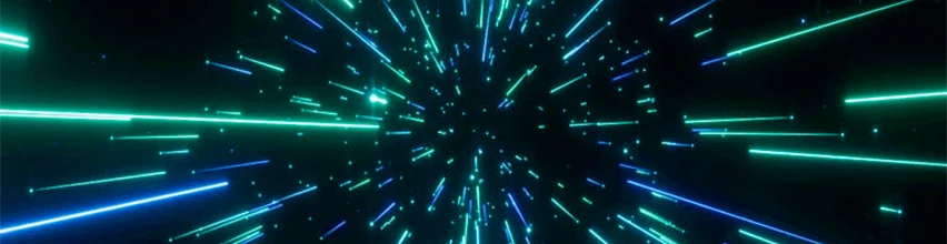 EcoFlow abstraktes Lichtspektakel mit grünen und blauen Neonlichtstrahlen – Symbol für Innovation und zukunftsweisende Energietechnologie