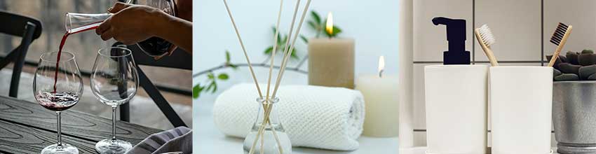 Schöne Weingläser, ein Duft-Diffuser und stilvolles Badezimmer-Zubehör sind tolle Willkommensgeschenke für frisch Zusammengezogene.
