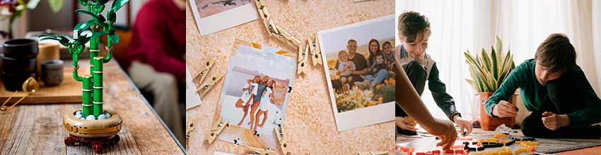 Eine LEGO-Pflanze, persönliche Fotomomente und ein Brettspiel sorgen für Gemütlichkeit und verleihen dem neuen Zuhause der Familie eine persönliche Note.