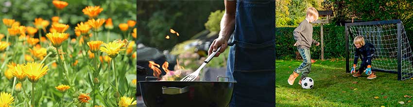 Gartengeräte, Blumen, ein Grill oder ein Fußballtor für den neuen Garten sorgen für Gemütlichkeit und Spielspaß.